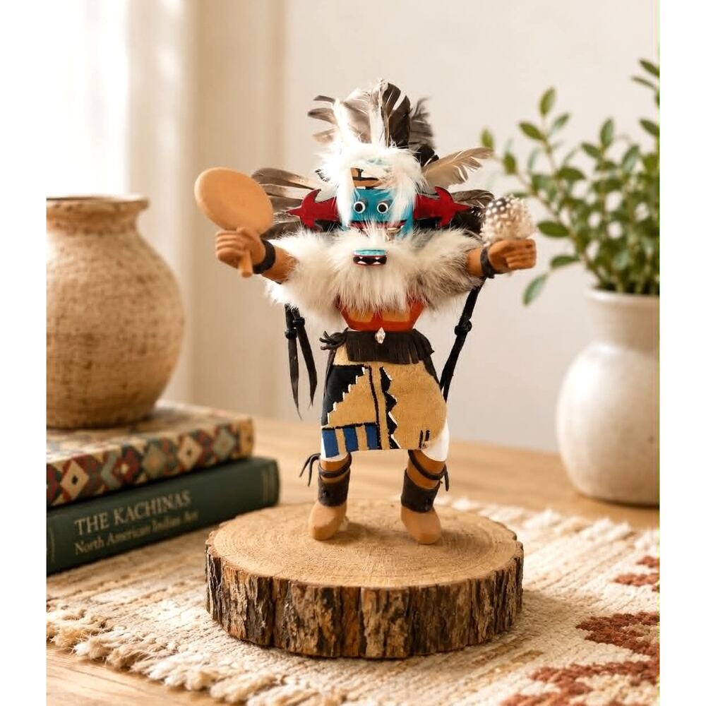 Vintage Signed Kachina Doll Hand Carved Wood Feather Fur Southwestern Folk Art